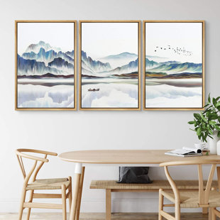 IDEA4WALL Abstract Landscape Boat In Lake Mountain Nature Landscape Modern Pictures Framed Canvas 3 Piece Painting Print Wall Art