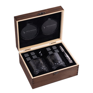 VITA SAGGIA Whiskey Stones Gift Set In Wooden Box, Includes 2 Glasses, 8 Granite Whiskey Ice Stones, 2 Coasters, Travel Pouch, And A Tong