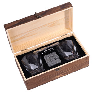 VITA SAGGIA Whiskey Stones Gift Set In Wooden Box, Includes 2 Glasses, 9 Granite Whiskey Ice Stones, Travel Pouch, And A Tong
