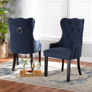 ROSDORF PARK Assie Modern Transitional Navy Blue Velvet Fabric Upholstered And Dark Brown Finished Wood 2-Piece Dining Chair Set (Set of 2)