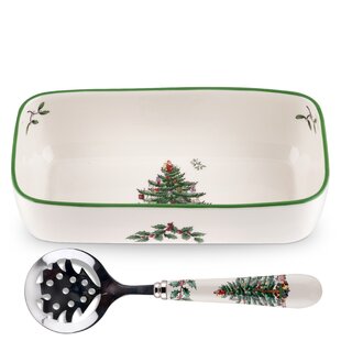 Spode Christmas Tree Cranberry Srvr W-Slotted Spoon