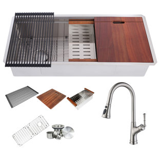 EMODERNDECOR Workstation 42 Inch Undermount 16 Gauge Single Bowl Stainless Steel Kitchen Sink W/ Integrated Ledge, 15mm Radius, Premium Accessories – Solid Brass Faucet In Brushed Nickel Finish, Dish Rack, Colander, Cutting-board, Grid