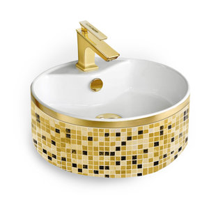 KRUGG REFLECTIONS USA Oarolyn 18'' Gold And Black Ceramic Circular Vessel Bathroom Sink with Overflow