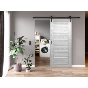 VALUSSO DESIGN LLC Modern Paneled Manufactured Wood and Glass Barn Door with Installation Hardware Kit Kissimmee Glass Barn Door with Installation Hardware Kit