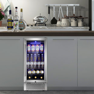 KELIVOL 14.9'' W Freestanding 88 Cans (12 oz.) 3.8 Cubic Feet Beverage Cooler with Wine Storage and Glass Door
