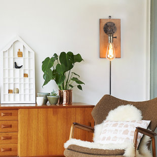 WILLISTON FORGE Anastatia Antique Farmhouse Adjustable Plug In Cord Wall Lamp With Retro Rustic Wooden Plate