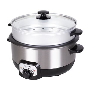 Tayama 3 Qt. Black Stainless Steel Electric Non-Stick Hot Pot Multi-Cooker with Steamer Glass Lid