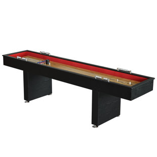 HATHAWAY GAMES Hathaway Avenger 9 Ft Shuffleboard Table for Family Home Arcade Game Room - With Poly-Coated Playfield, Built-In Abacus Scorer, Padded Gutters, Leg Levelers, 8 Pucks, Brush & Wax - Black Wood Finish