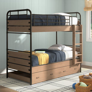 SAND & STABLE™ BABY & KIDS Bridgham Industrial Twin over Twin Bunk Bed with Trundle in Antique Oak and Gunmetal