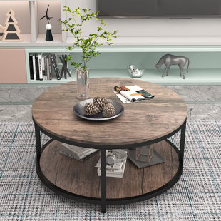 14AZAA 36 Inches Round Coffee Table, Rustic Wooden Surface Top & Sturdy Metal Legs Industrial Sofa Table For Living Room Modern Design Home Furniture With Storage Open Shelf (Light Walunt)