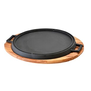 LAVA CAST IRON Lava Enameled Cast Iron BBQ Grill Pan 11 inch-Dual Side Round with Beechwood Service Plate