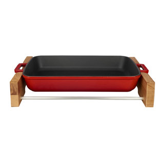 LAVA CAST IRON Lava Enameled Cast Iron Rectangular Roasting Pan 16 inch-with Beechwood Service Stand
