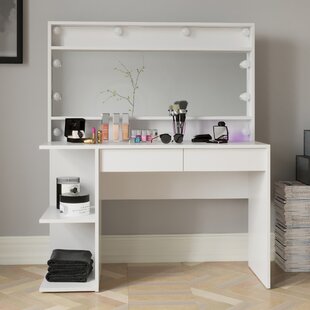 BOAHAUS LLC Boahaus Aine Modern Lighted Makeup Vanity Desk, with Wide Makeup Mirror, Add-On Lights, 2 Drawers and 2 Shelves