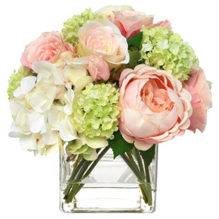 DIANE JAMES HOME BLOOMS Pink Hydrangeas and Roses in Glass Cube Vase
