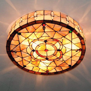 LAKIQ 3 - Light 17.7'' Stained Glass Drum Shade Flush Mount