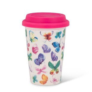 MDR TRADING INC. Butterflies Print with Pink Silicone Lid Insulated Stainless Steel Travel Mug