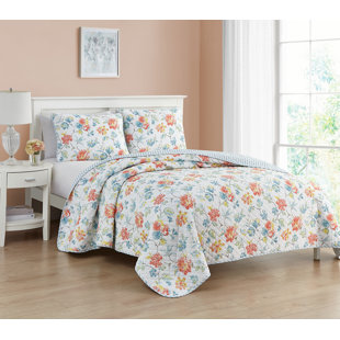 CEDAR COURT Sasha Floral Coral All-Season Reversible Cotton Quilt Set