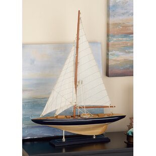 BREAKWATER BAY Wood Sail Boat Decorative Sculpture with Beige and Navy Accents and Lifelike Rigging