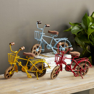 WINSTON PORTER Gustav Metal Bike Multi Colored Decorative Sculpture with Wood Wheels Set (Set of 3)