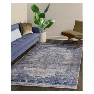 GLN RUGS Oriental Dark Blue Machine Washable Area Rug