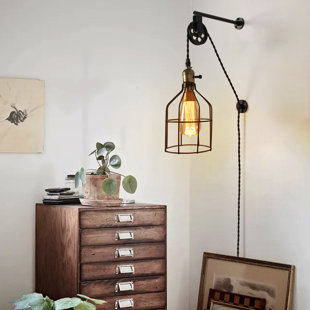 WILLISTON FORGE Rustic Metal Cage Wall Lamp Lift Pipe Pulley Wall Lights With Plug In Cord Iron Armed Sconce