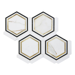 ES STONE Calacatta Gold With Absolute Black and Metal Strip Honeycomb Mosaic Wall & Floor Tile