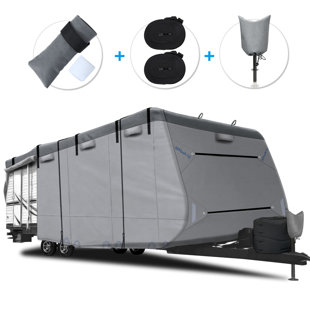 OXYGIE Upgraded Waterproof 600D Top Travel Trailer RV Cover with 4 Tire Covers & Tongue Jack Cover