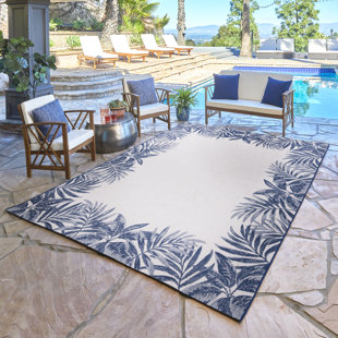 Gertmenian Paseo Tropic Navy Blue/Ivory Leaf Border Indoor/Outdoor Flatweave Area Rug