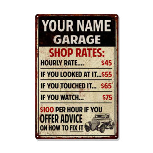 CHICO CREEK SIGNS Personalized Garage Shop Rates Sign Wall Décor