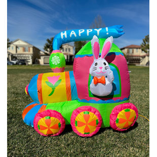 BZB GOODS 4 Foot Long Happy Easter Lighted Inflatable Bunny Rabbit with Bow Tie Drives a Colorful Train Indoor / Outdoor Blow Up Yard Decoration