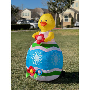 BZB GOODS 4 Foot Tall Happy Easter Lighted Inflatable Baby Chick with Flower Sitting Easter Egg Indoor / Outdoor Blow Up Yard Decoration