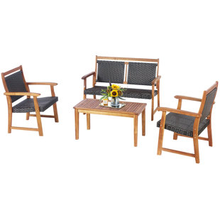 LARK MANOR™ Aimee-Anna 4pcs Patio Acacia Wood Conversation Set Outdoor Rattan Furniture Set