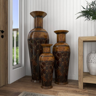 ASTORIA GRAND Metal Indoor Outdoor Tall Floor Bottleneck Decorative Vase with Bubble Texture and Studs