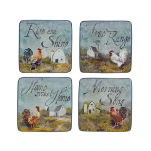Certified International Rooster Meadow Set Of 4 Canape Plates