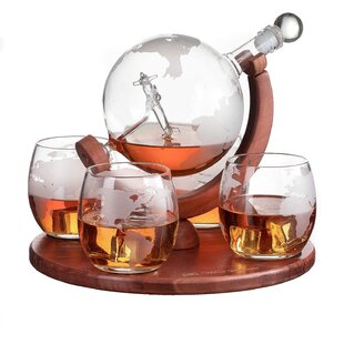 THE WINE SAVANT Airplane Globe World Map 3 Piece Whiskey Decanter Set