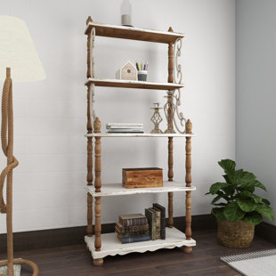 AUGUST GROVE® Baring White Wood 5 Shelves Scroll Shelving Unit with Spindle Sides and Ball Feet 32" x 16" x 75"