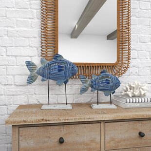 DOVECOVE Polystone Tribal Patterned Fish Decorative Sculpture with White Carvings and Mirrored Accents