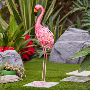 MISTANA™ Finck Birds Animals Pink Flamingo Outdoor Metal Garden Statue with Solar Light