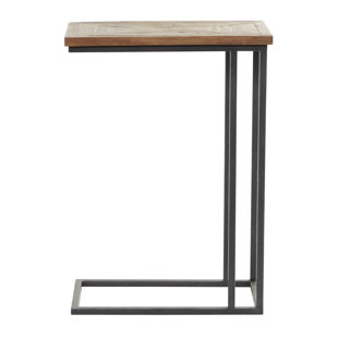 17 STORIES Metal C-Shaped Side End Black Accent Table with Brown Wood Top