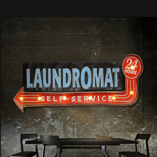 TRINX Vintage Light LED Metal Hanging Sign LAUNDROMAT Laundry Shop Art Wall Decoration