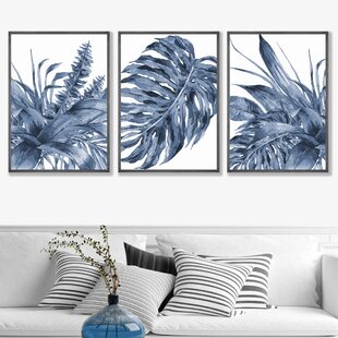 ARTZE WALL ART Abstract Botanical Tropical Bouquet In Blue - 3 Piece Single Picture Frame Painting Set