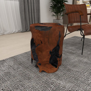MILLWOOD PINES Atharv Brown Teak Wood Handmade Live Edge Stump Accent Table with Charred Detailing 14" x 14" x 18"