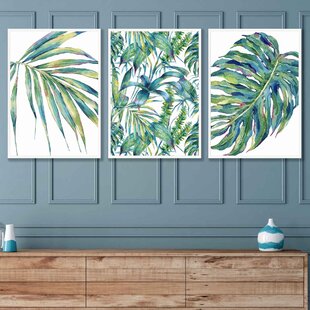 ARTZE WALL ART Abstract Botanical Tropical Flora In Green - 3 Piece Single Picture Frame Print Set