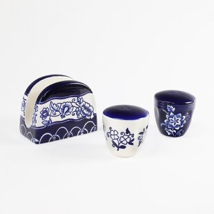 EURO CERAMICA Blue Garden Table Accessory Set (Salt And Pepper Shakers & Napkin Holder)