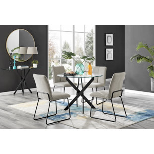 CANORA GREY Tierra Modern Glass & Metal Round Dining Table Set & 4 Luxury Fabric Dining Chairs