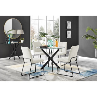 CANORA GREY Tierra Glass and Metal Round Dining Table with 4 Luxury Fabric Dining Chairs