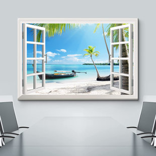 IDEA4WALL Window Scenery Boat on the Oceanside - Wrapped Canvas Graphic Art Print
