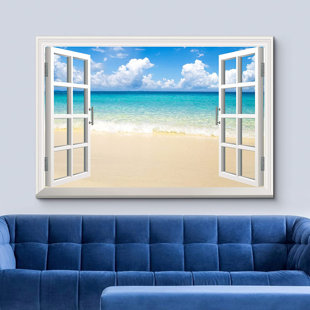 IDEA4WALL Window Scenery Oceanside On Canvas Print