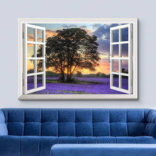IDEA4WALL Window Scenery Lavender Field And Big Tree At Sunset On Canvas Print