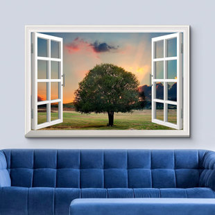 IDEA4WALL Window Scenery Window Wall Art Tree in Sunset - Wrapped Canvas Graphic Art Print